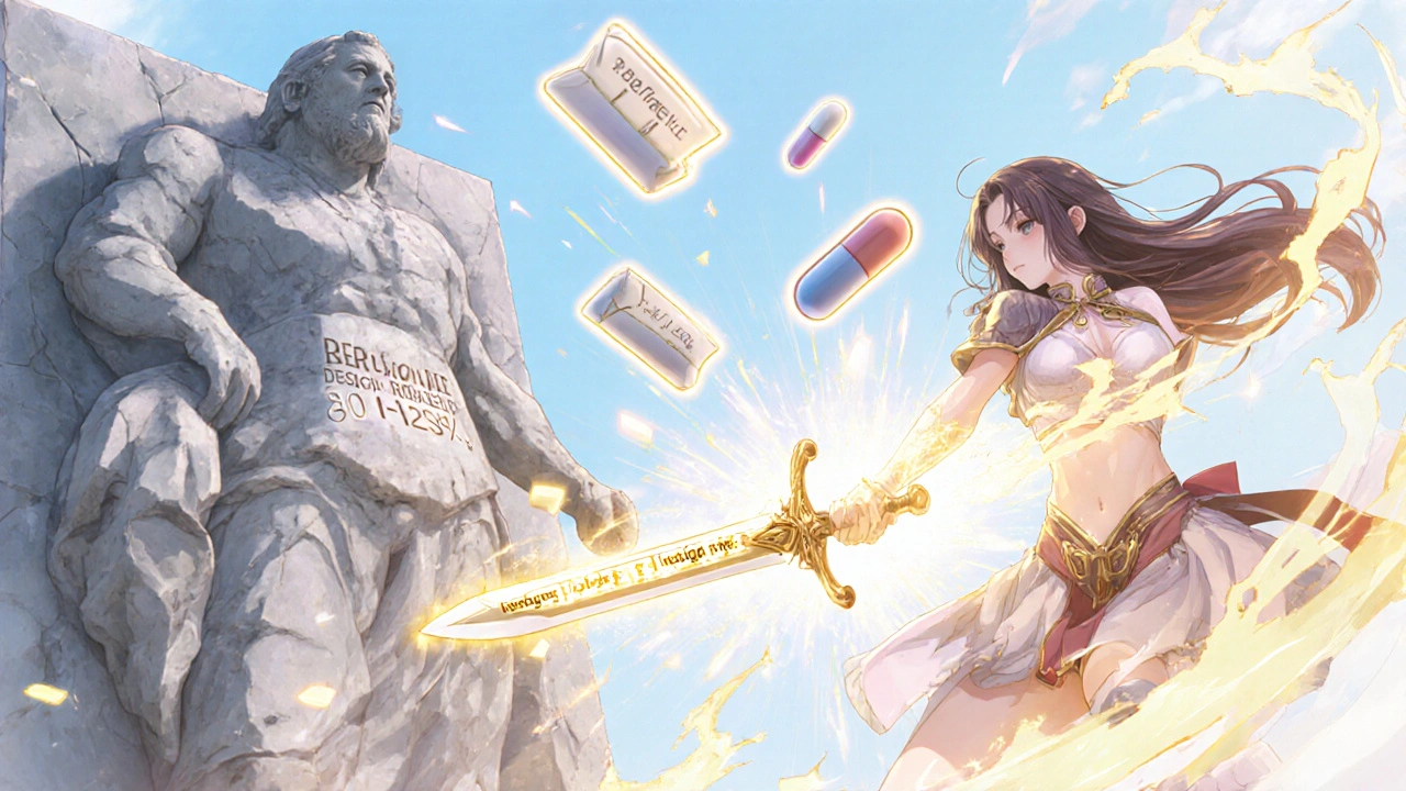 A warrior representing replicate design defeating a stone statue of standard bioequivalence limits with golden light.