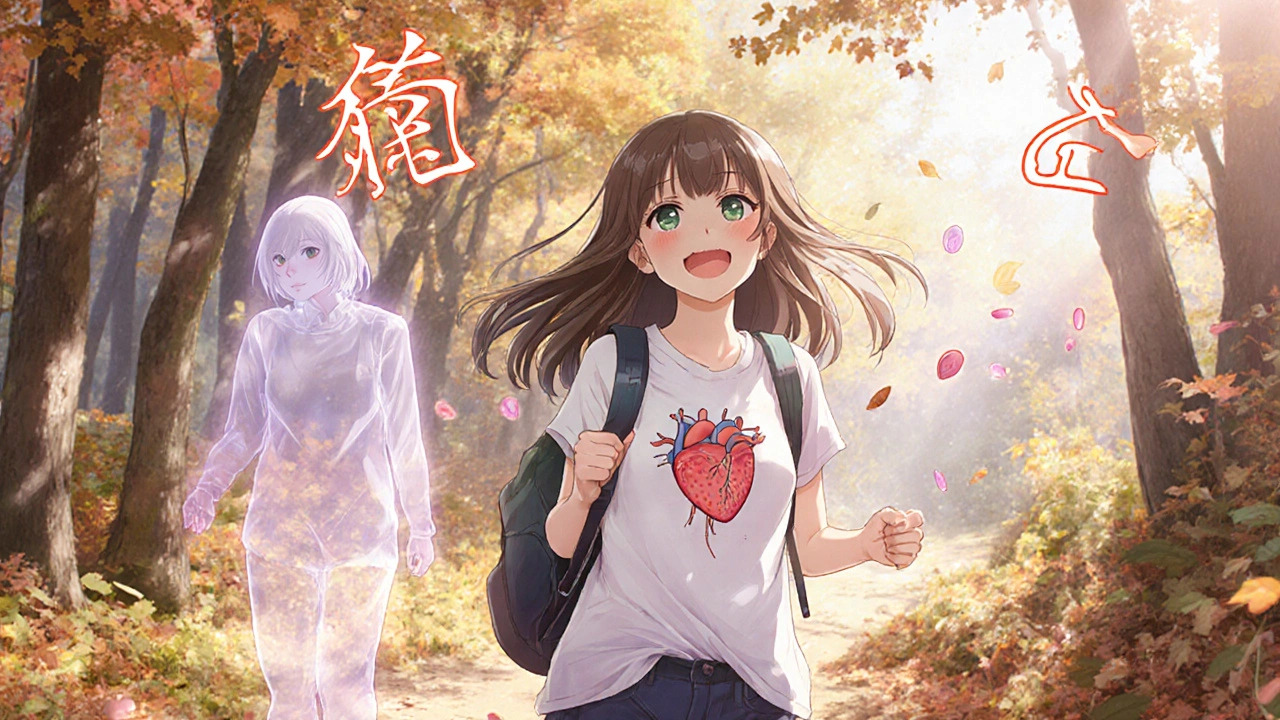 A woman hiking happily post-surgery, with a translucent healthy heart valve floating above her, contrasting her past fatigue.