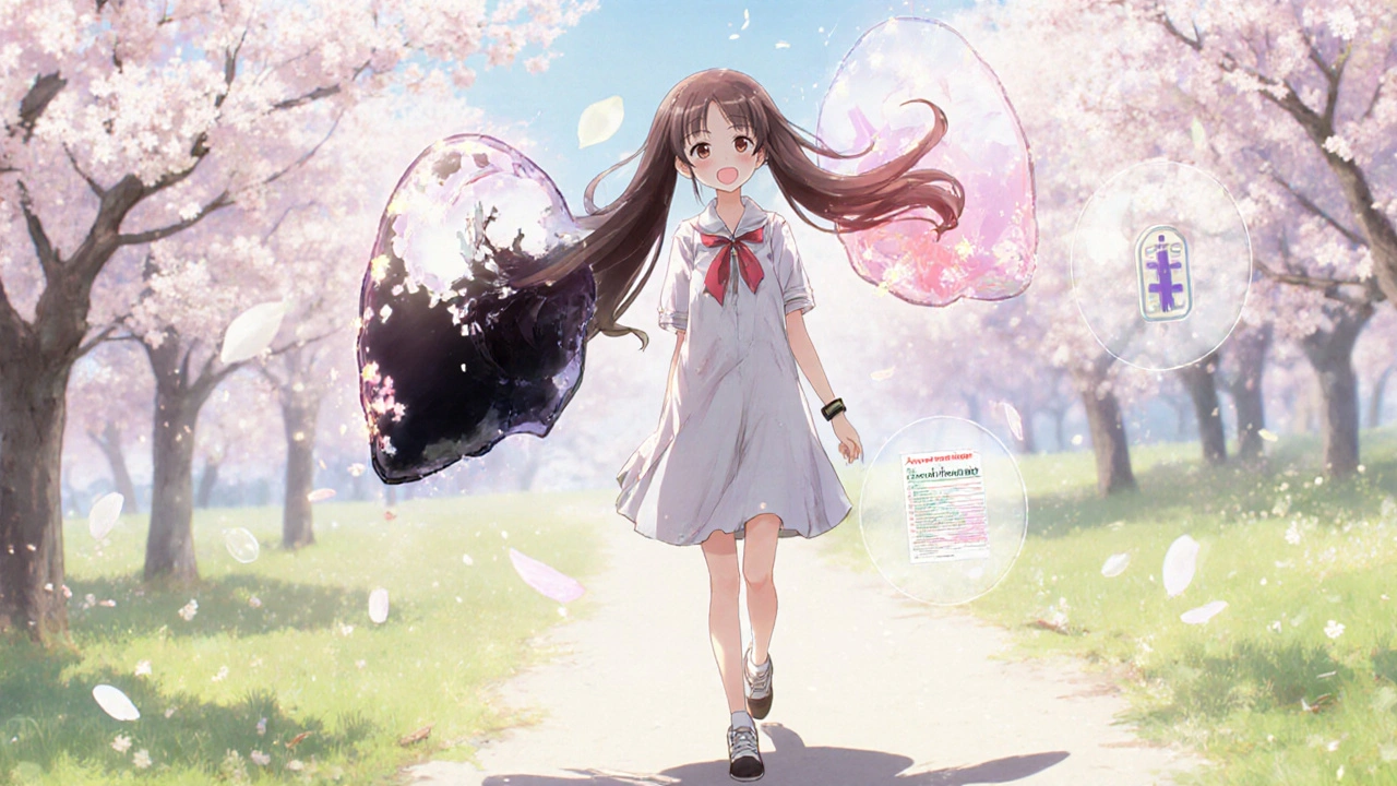 A woman walking in sunlight after successful surgery, with healthy and shattered adrenal glands above her shoulders.