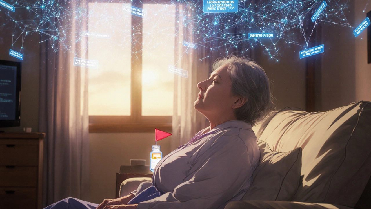 An elderly woman with floating AI analysis of her medication risks in soft lighting.