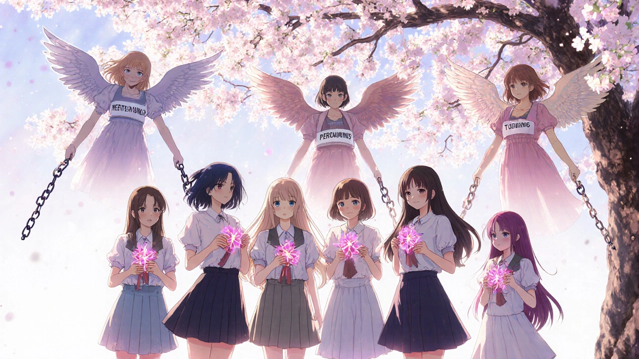 Diverse women under cherry blossoms, symbols of treatments forming winged figures breaking cancer chains.