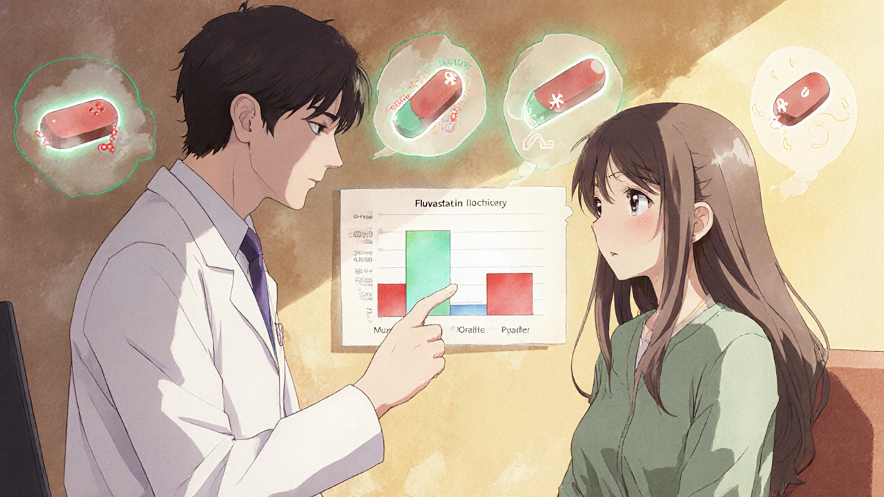 Doctor and patient viewing a chart showing minimal difference between statin and placebo muscle pain rates.