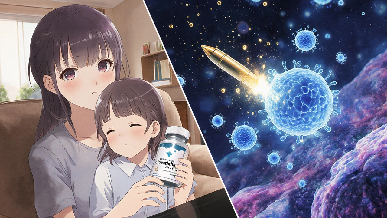 Patient at home with pill bottle, digital overlay showing cancer cells shrinking from targeted therapy.