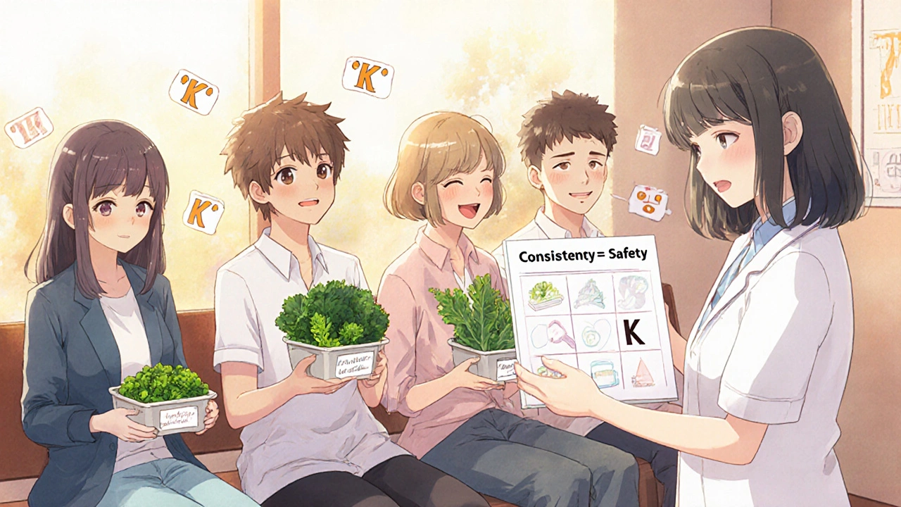 Patients in clinic holding greens, nurse holding chart showing safety through consistency.