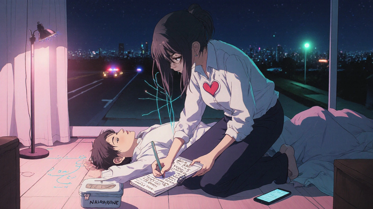 Rescuer monitoring breathing after naloxone, writing notes for paramedics, pink and teal ambient light, sirens in distance.