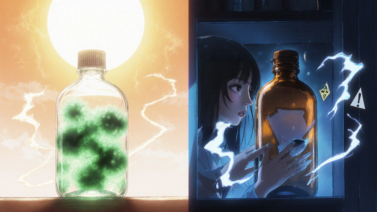 Split scene: degraded eye drops vs. safely stored ones with glowing contrast.