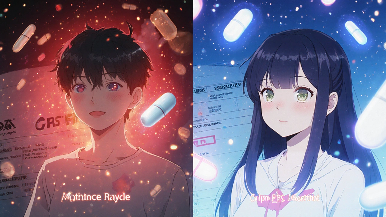 Split scene: one side shows distress after a regular generic, the other shows peace after switching to the authorized version.