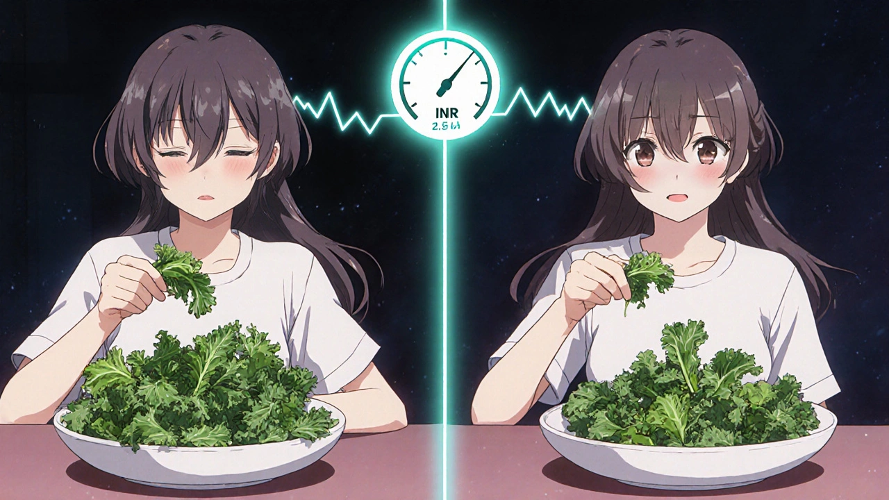 Split scene: wild INR fluctuations vs. steady levels due to dietary consistency.