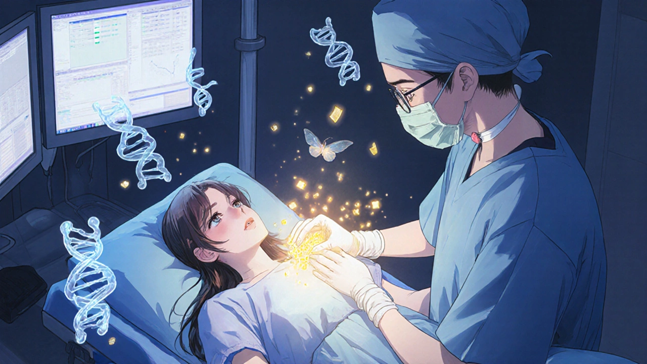 Surgeon removing a glowing adrenal tumor during surgery, with DNA mutations floating in the air.