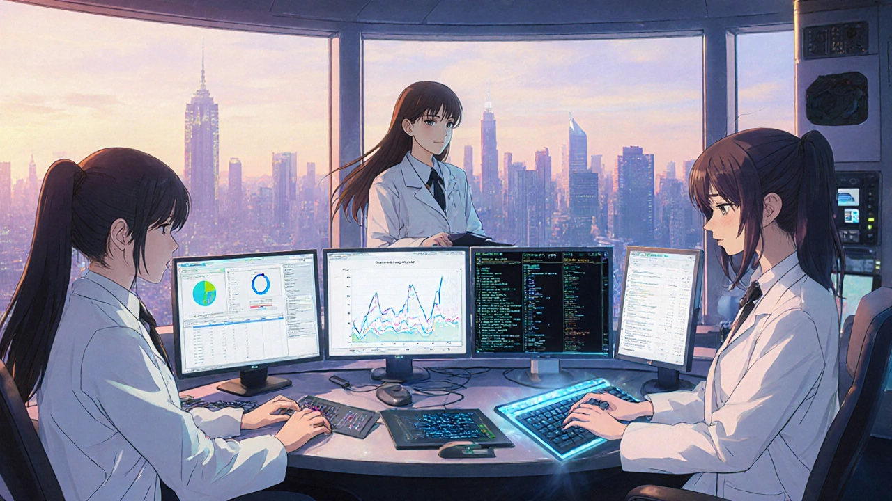 Three female researchers in a futuristic control room analyzing replicate bioequivalence study data on glowing screens.
