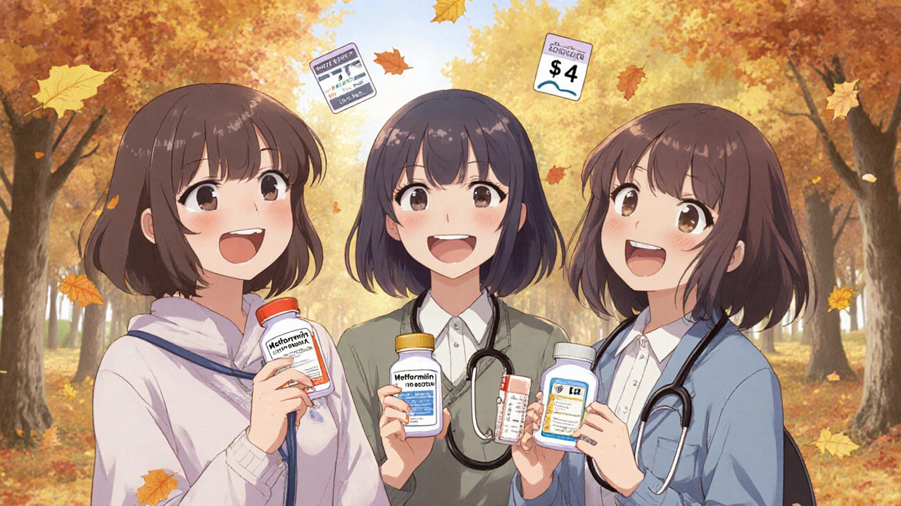 Three women in park holding metformin and B12 bottles, smiling under autumn leaves.