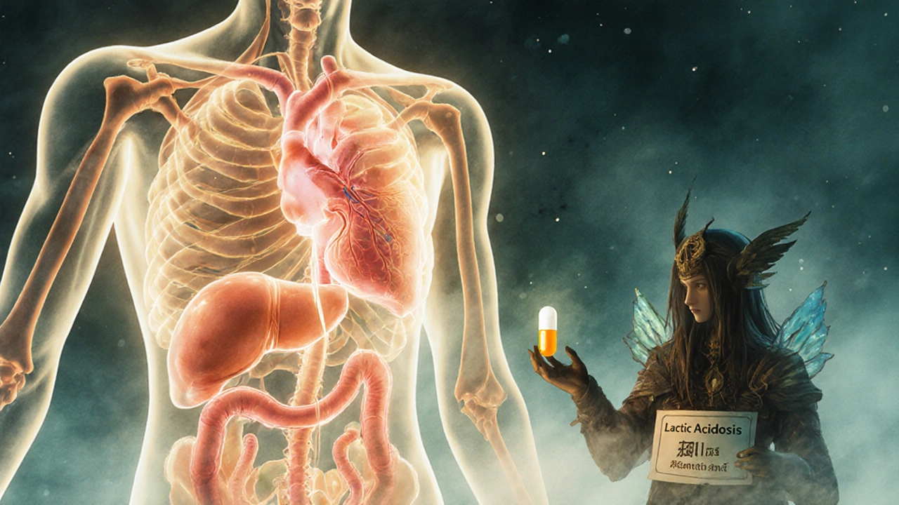 Translucent human torso with metformin flowing into organs as myth of lactic acidosis fades away.