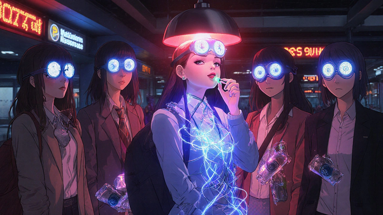 Travelers in an airport at night, one taking melatonin under red light while others are entangled in wilting time-released pill vines.