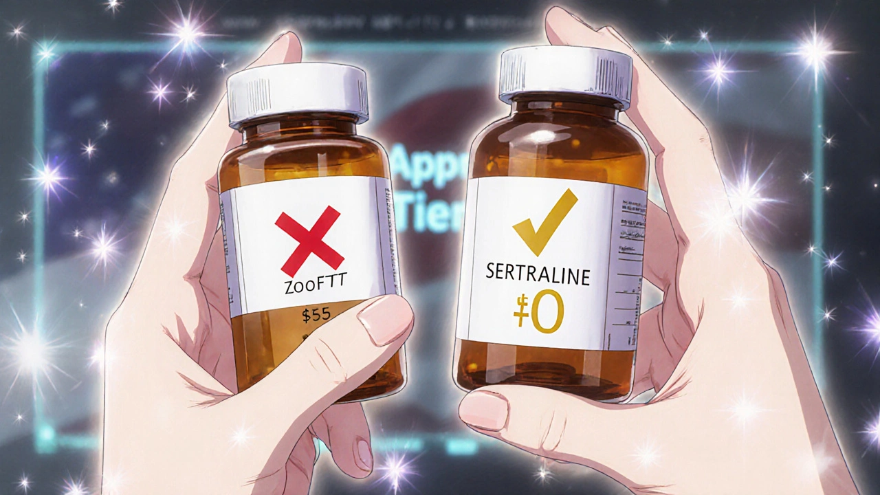 Two pill bottles side by side: brand-name with X, generic with checkmark, glowing with positive energy.