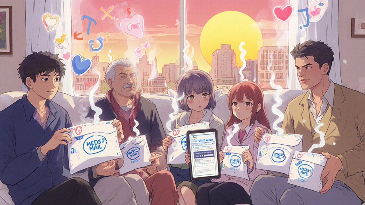 Veterans open mail-order medication envelopes at home, with peace symbols floating in the air.