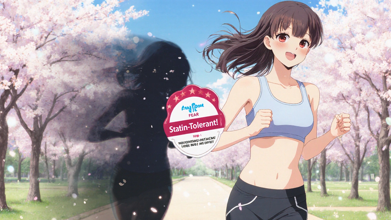 Woman jogging happily in park with glowing badge, dark fears fading behind her in anime style.