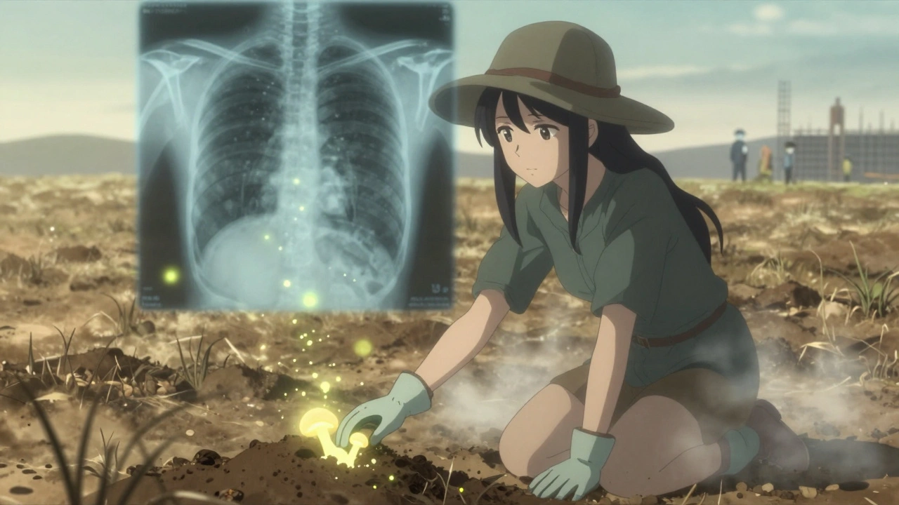 A girl in a field brushing soil, glowing fungal spores rising around her, patchy lung X-ray visible in the air.