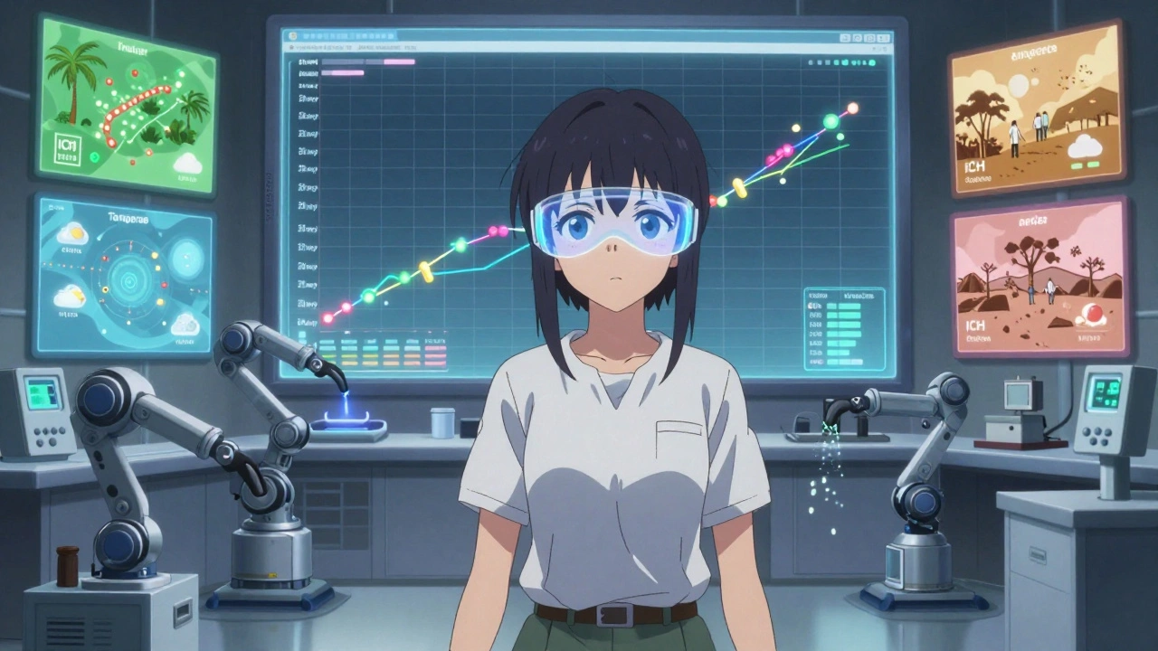 A girl in a futuristic lab watching a 3D timeline of drug stability data, with holographic climatic zone maps in the background.