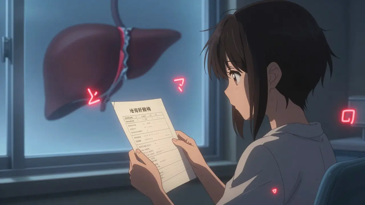 A girl in a hospital room sees her liver fractured in the window reflection, surrounded by floating medical warning symbols.