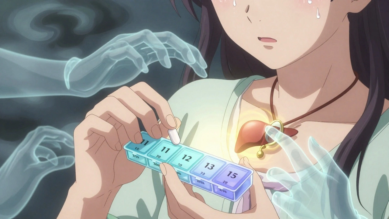 A girl places a pill in her organizer, while ghostly hands reach for a glowing liver pendant around her neck.