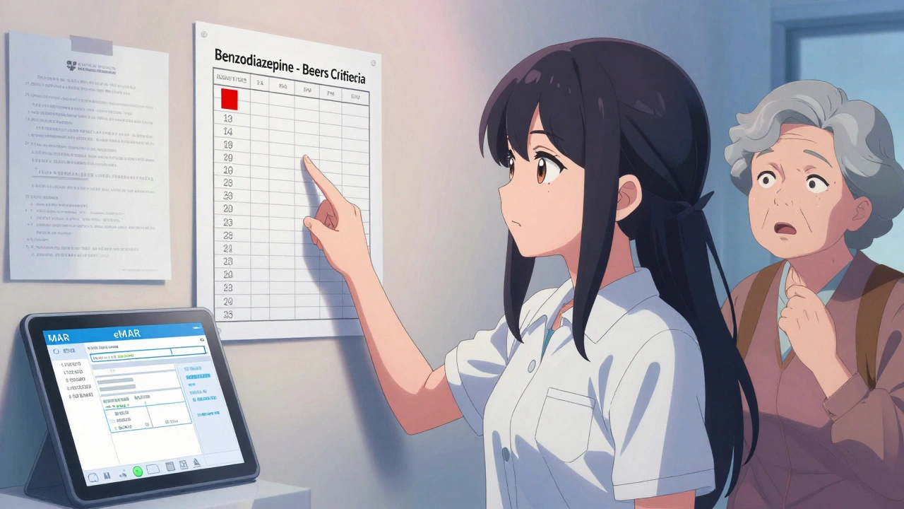 A girl points to a dangerous drug on a chart while an elderly woman looks on with relief.