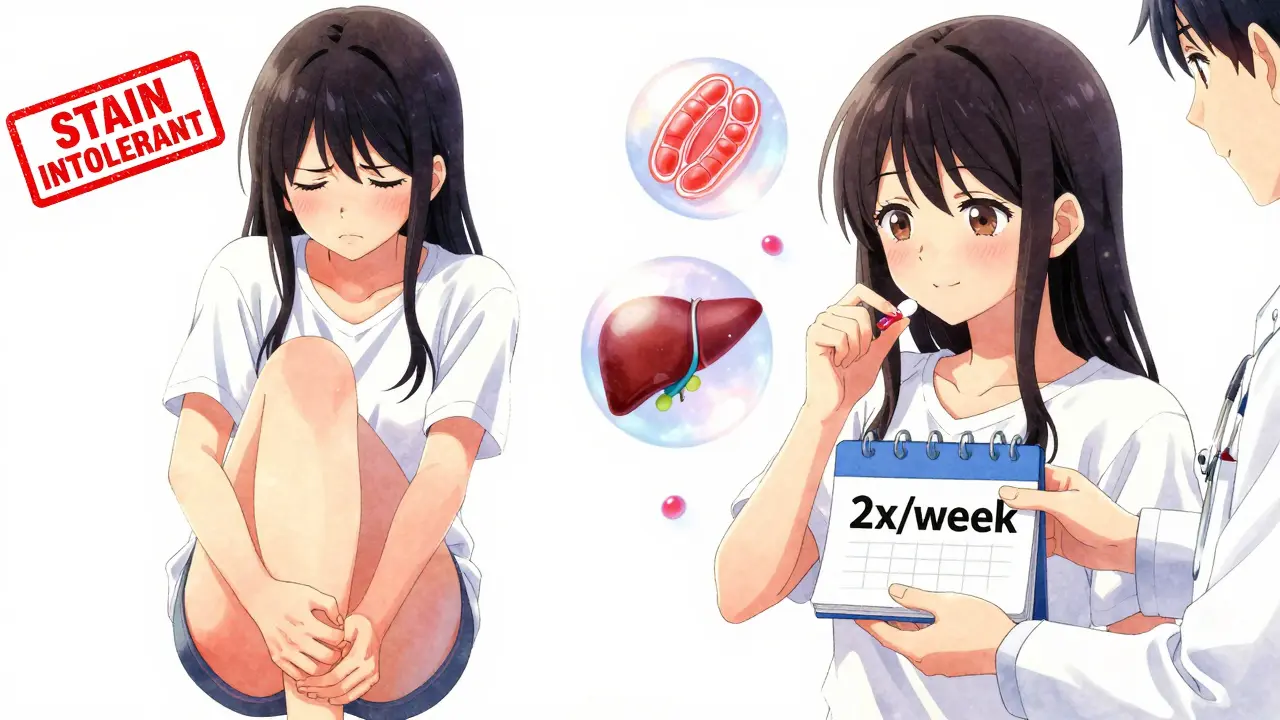 A girl transitions from pain to hope as she switches to intermittent statin dosing, symbolized by a calendar.