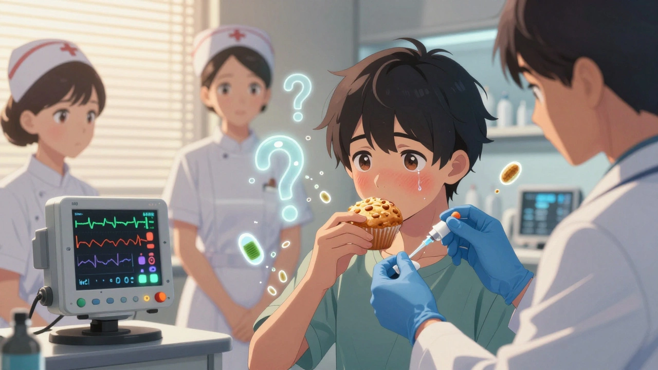 A medical team monitors a teen during a food challenge, with glowing allergy symbols fading around them.