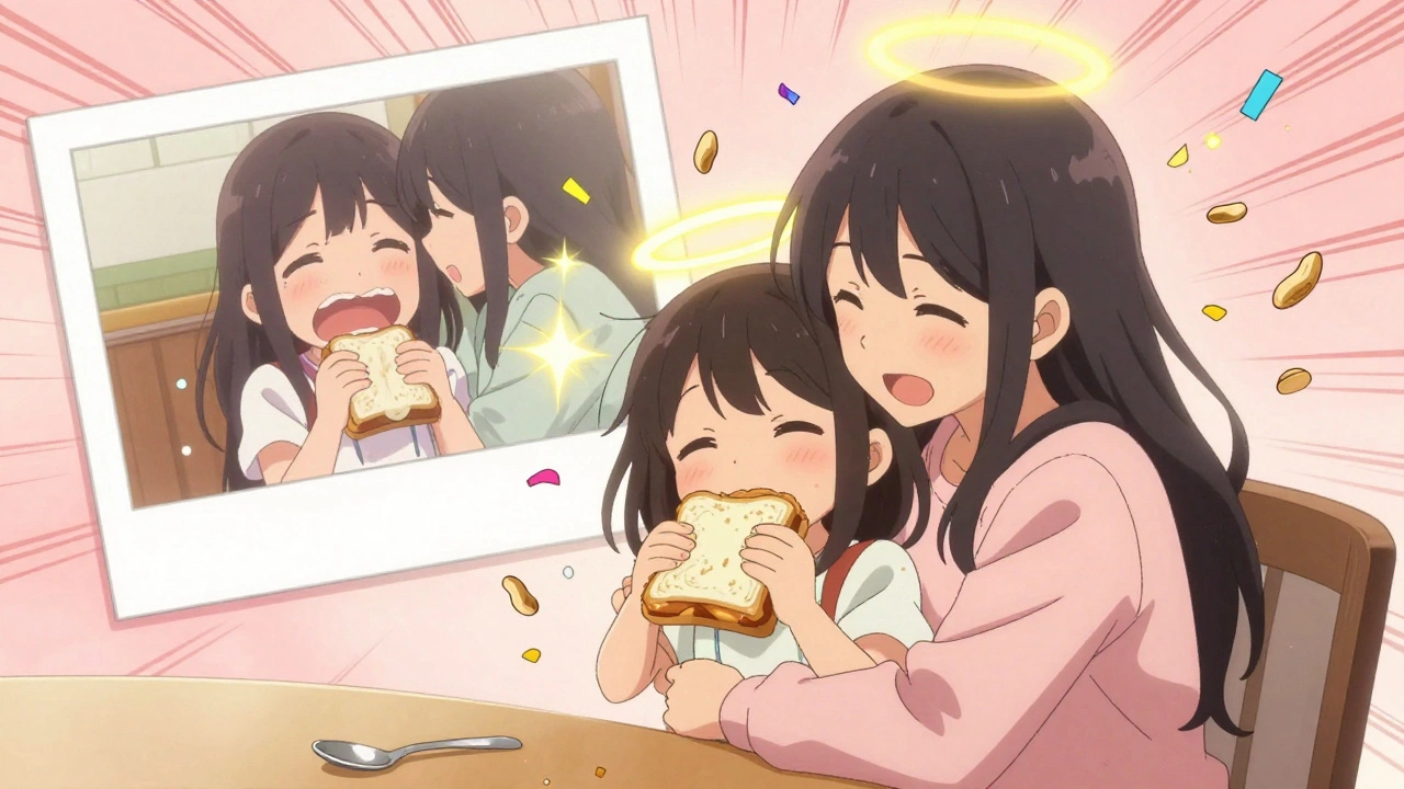 A mother hugs her daughter after successfully eating peanut butter, surrounded by joyful floating peanut confetti.