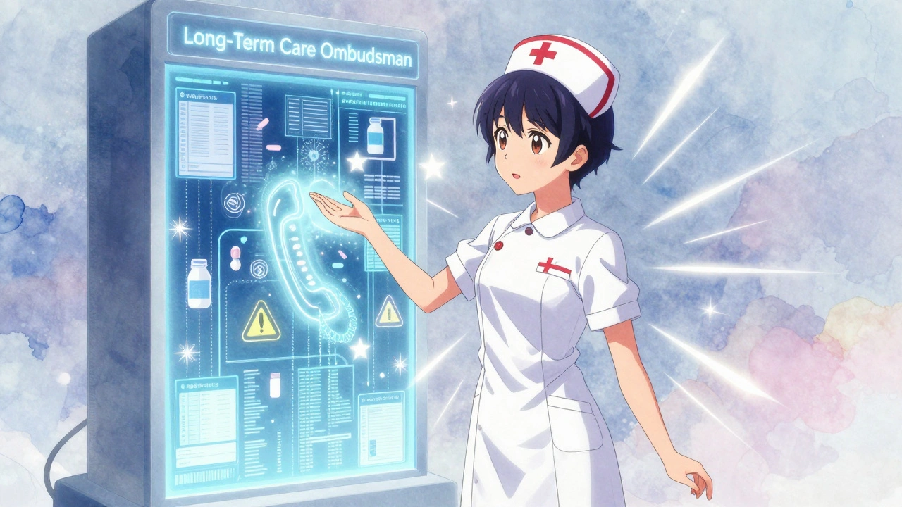 A nurse reaches toward a glowing ombudsman portal as medical data swirls around her.