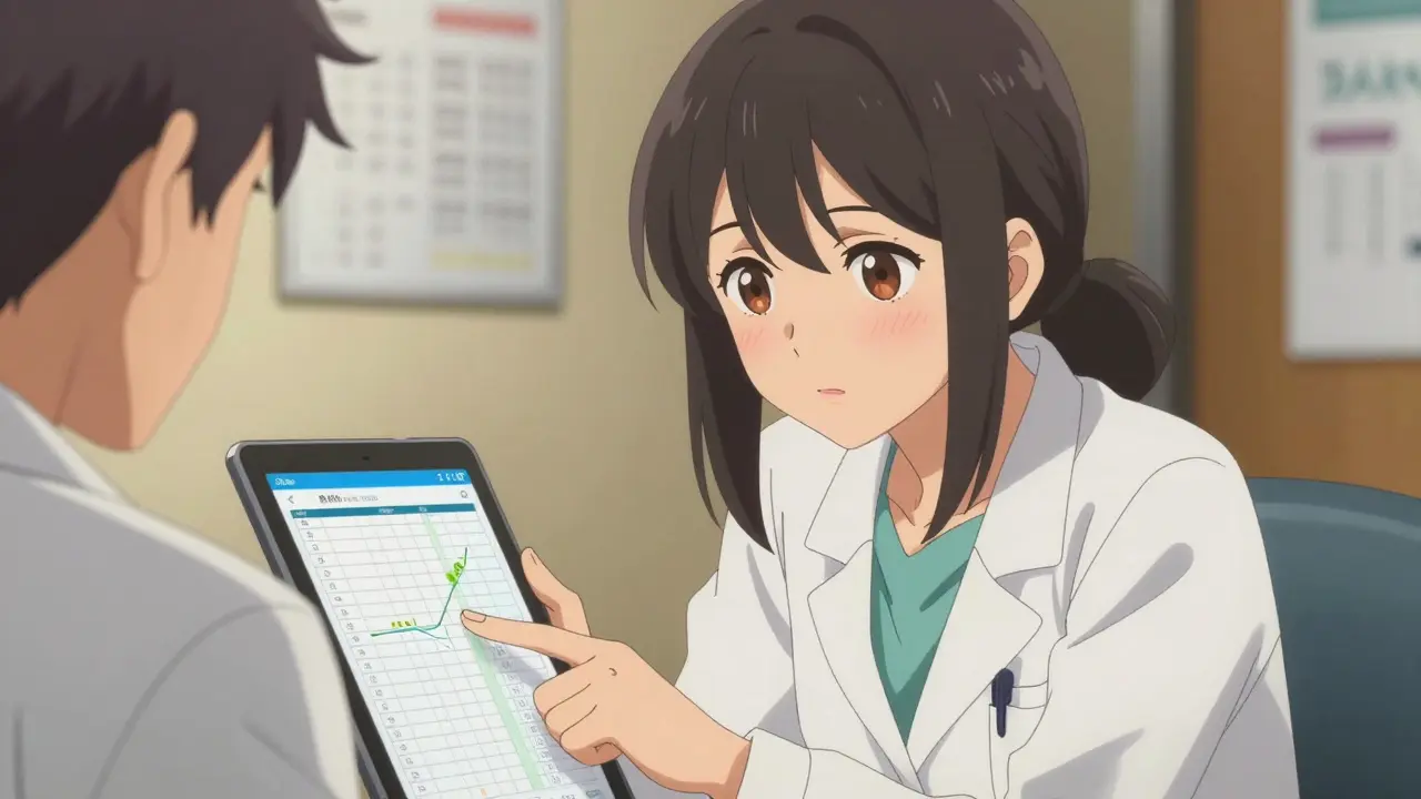 A patient shares side effect data with her doctor using a tablet during a consultation.