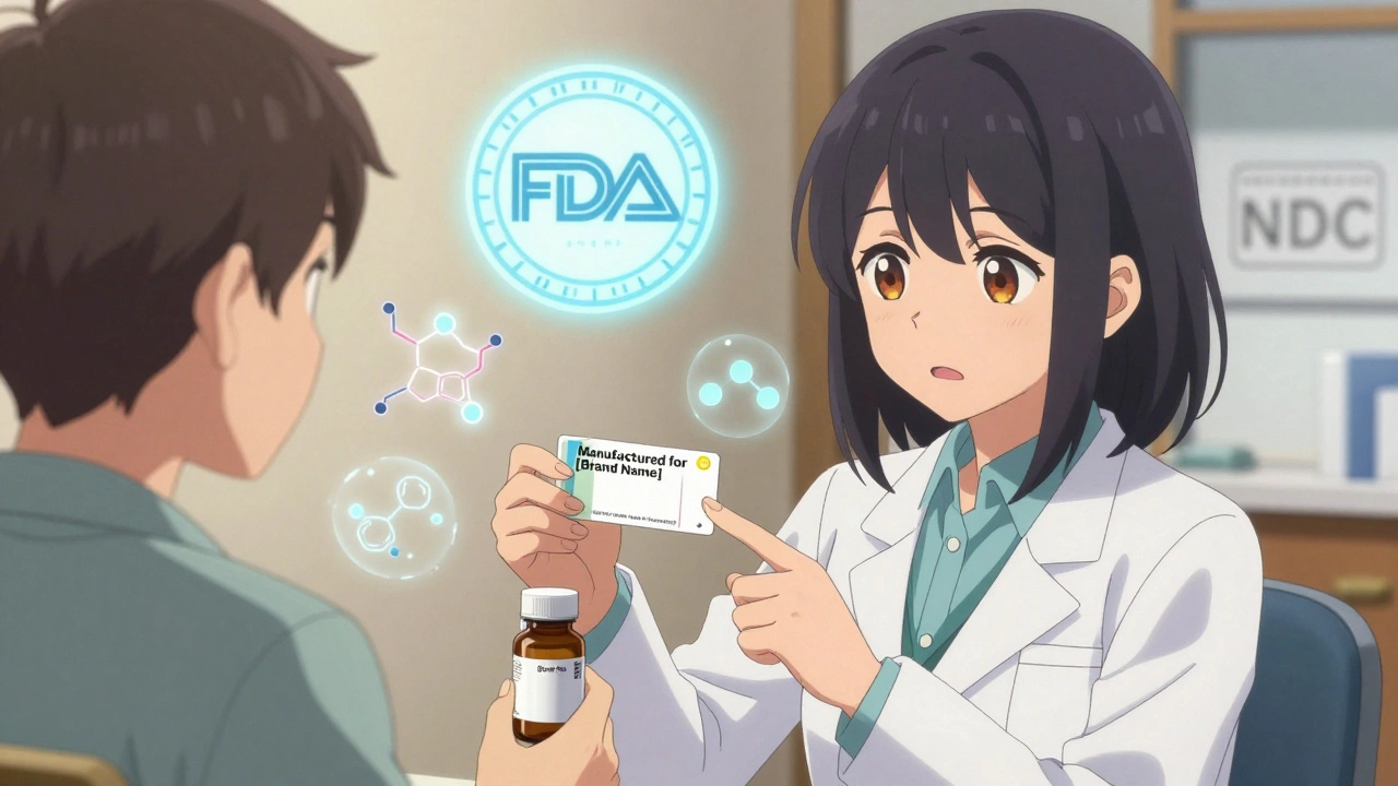 A pharmacist and patient examining a pill bottle labeled &#039;Manufactured for [Brand Name]&#039;, with floating medical symbols.