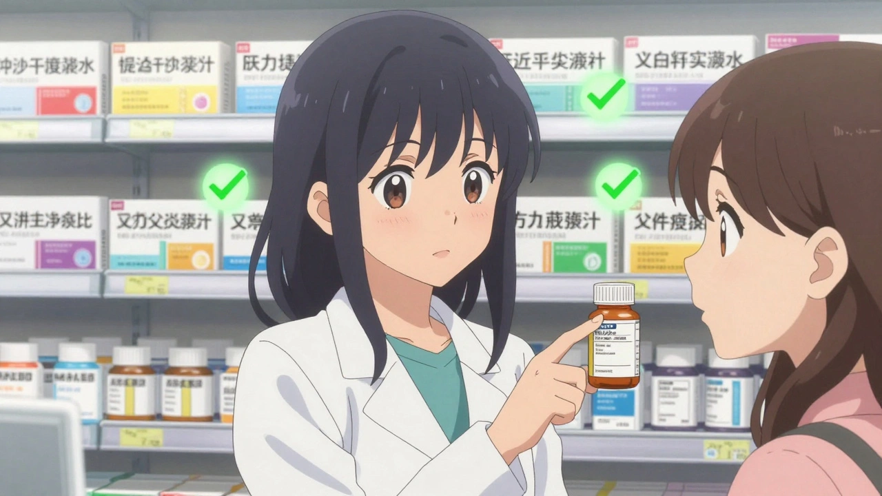 A pharmacist explaining drug labels to a customer with glowing checkmarks highlighting matching ingredients.