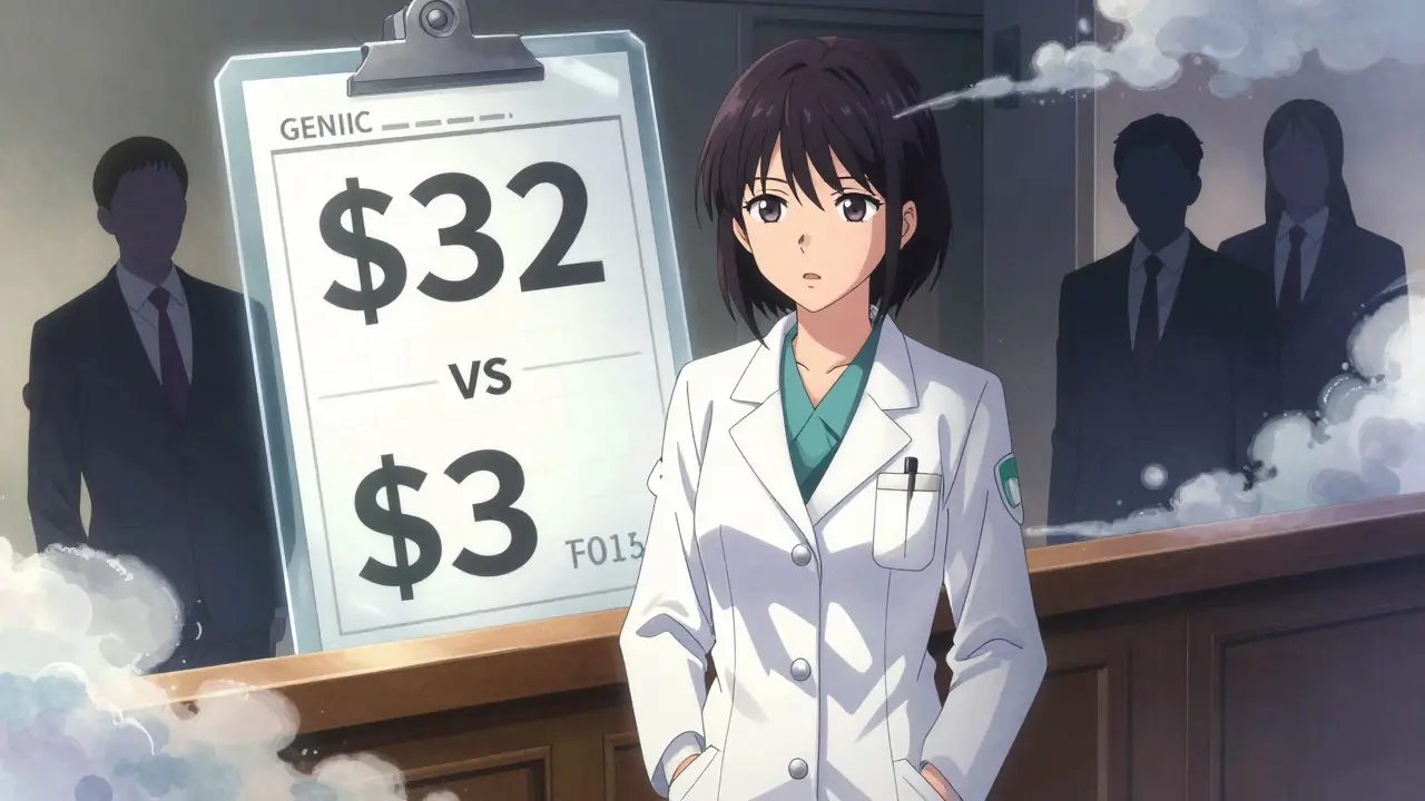 A pharmacist stands before a giant profit ledger as shadowy corporate figures shrink under their own margins.