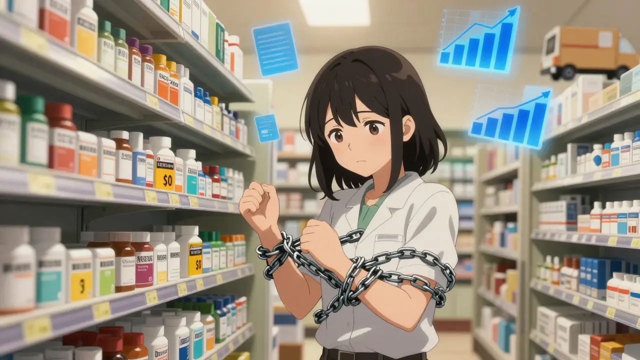 A pharmacy owner is bound by pricing chains while towering generic pill shelves loom overhead.