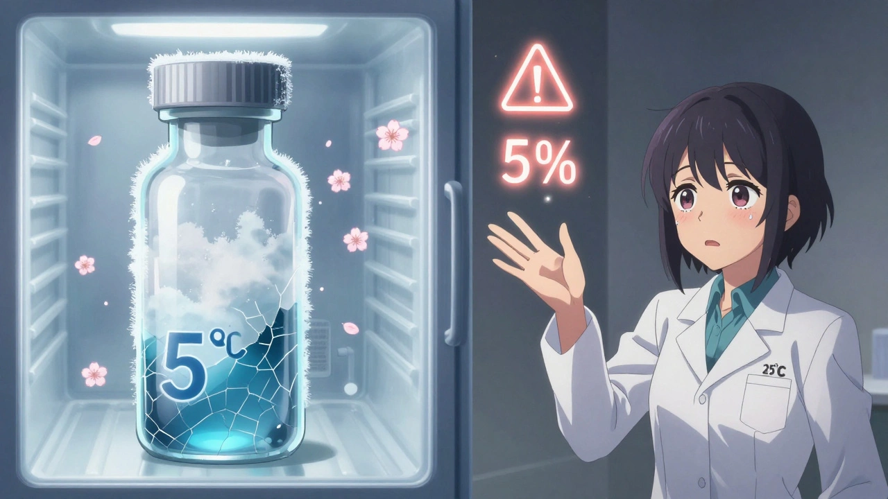 A refrigerated vial on one side, cracking under heat on the other, with floating degradation warnings and falling cherry blossoms.