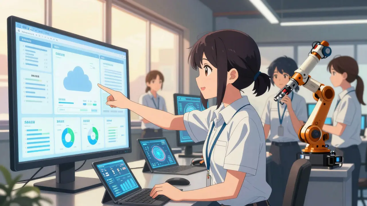A team of female technicians collaborate around a cloud-based quality management dashboard in a control room.