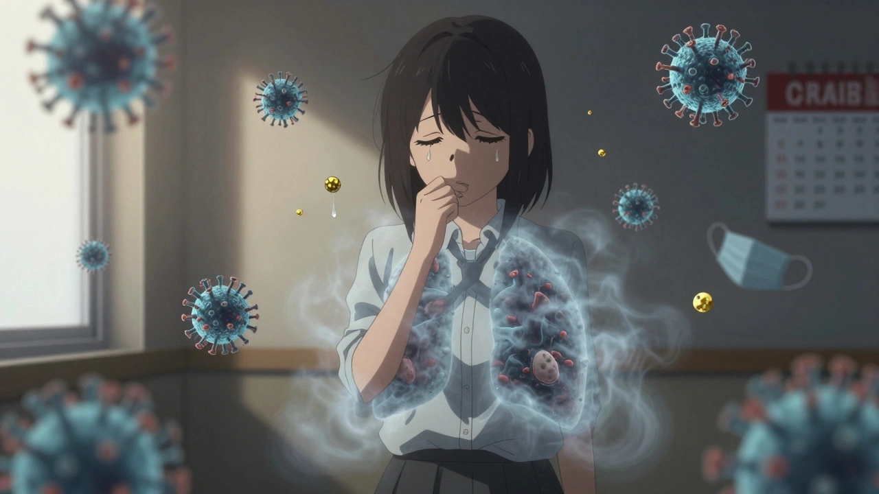 A tired girl coughing, viral particles floating around her hazy lungs, soft blue mist and fading calendar in background.