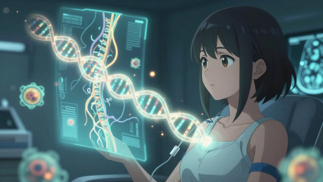 A woman receiving infusion therapy as myelin regrows in a glowing holographic neural display.