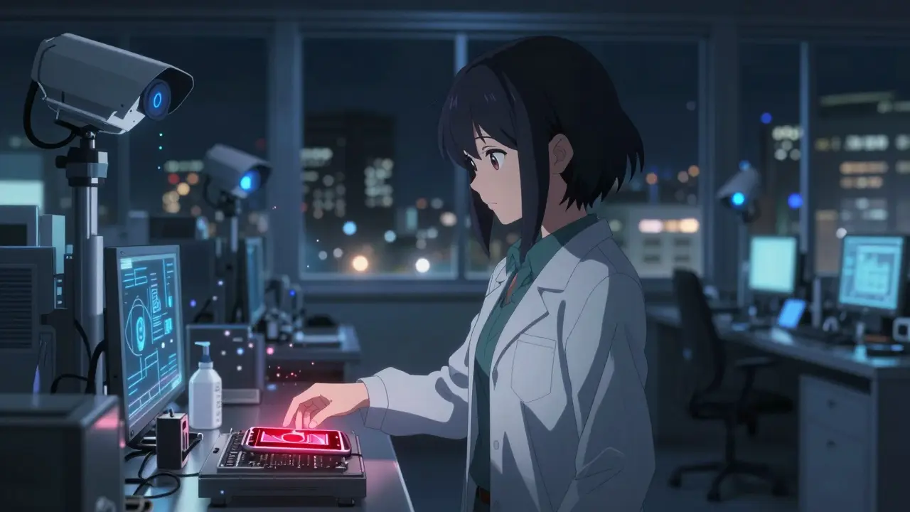 A woman touches a flawed product at night as AI sensors glow around her in a quiet factory.