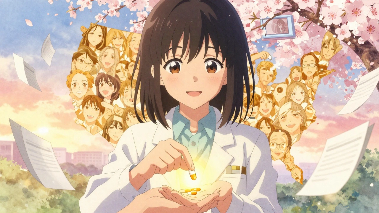 A young engineer handing a generic pill to a patient, with golden light spreading to a mosaic of smiling faces.