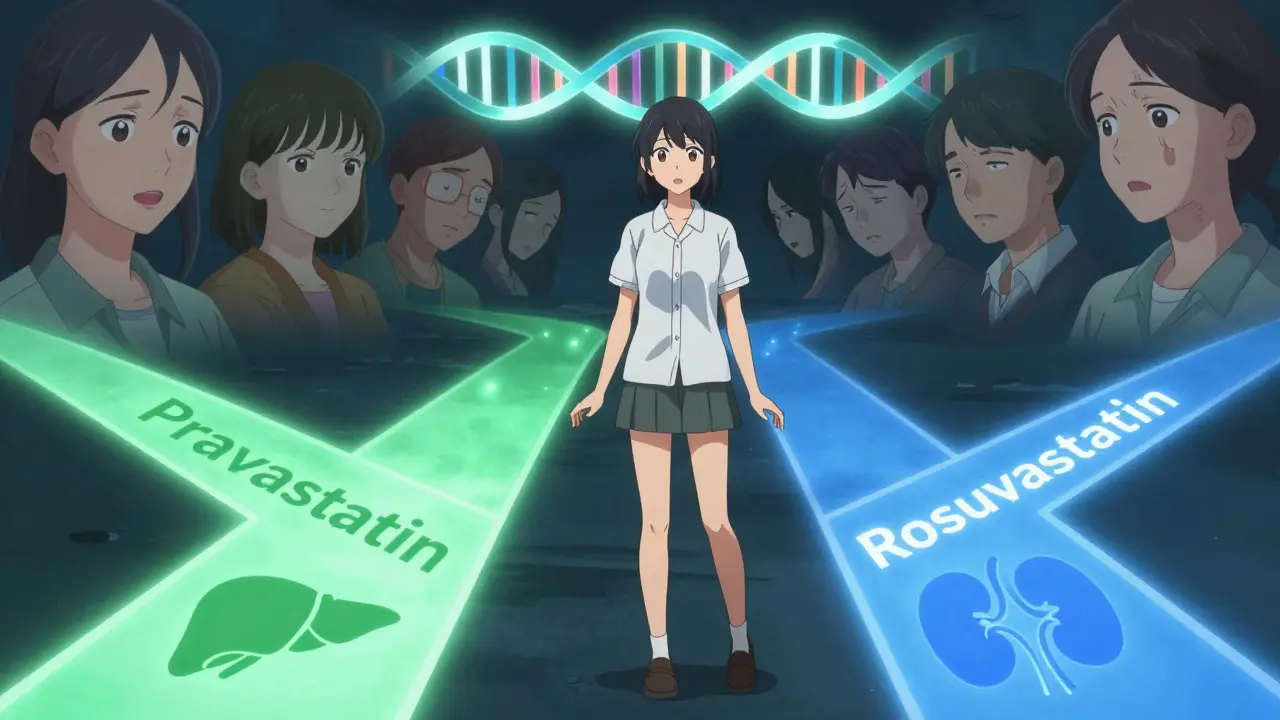 A young woman choosing between two statin pathways, with DNA and patient faces in the background.