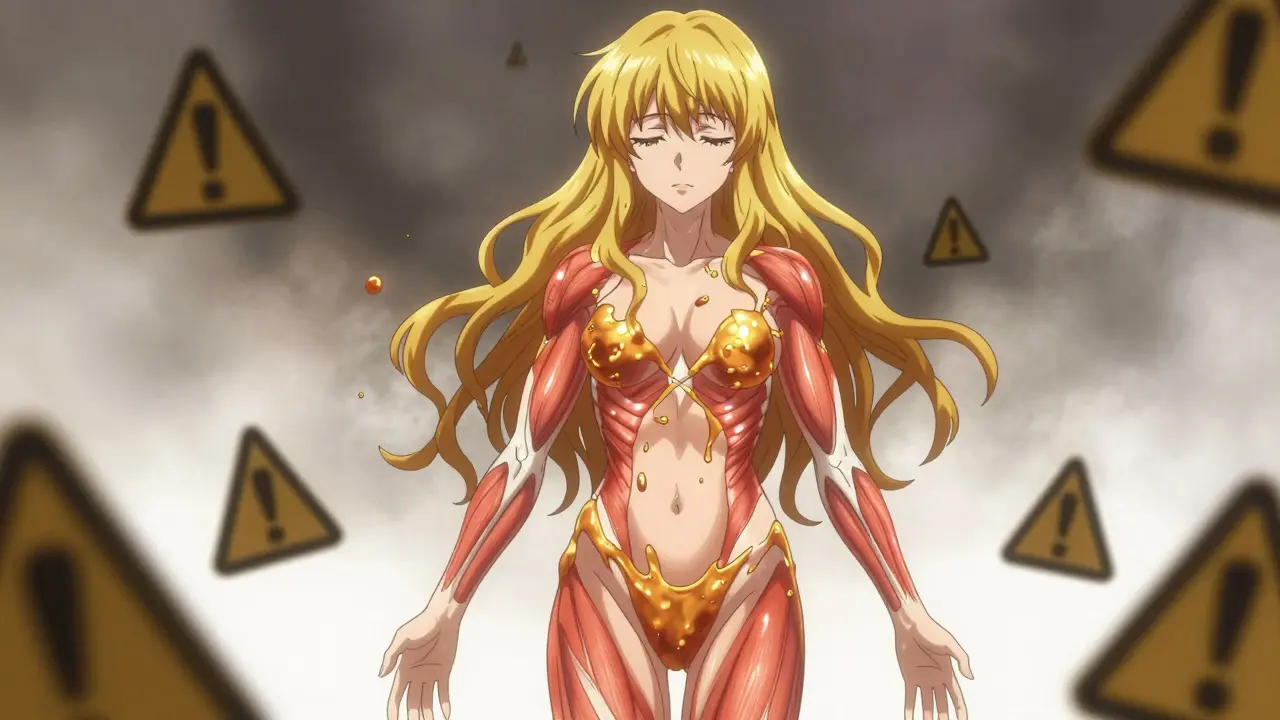 A young woman with oil-like tendrils spreading into her muscles and brain, representing widespread statin effects.