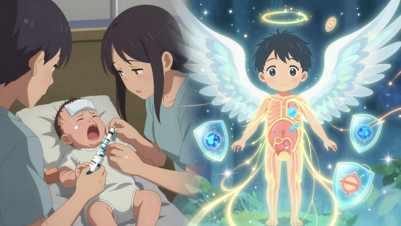 Baby with fever after MenB vaccine being given medicine, glowing immune system protecting them.