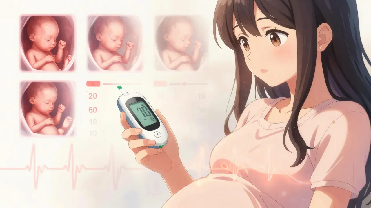 Close-up of pregnant woman checking blood sugar with CGM, floating glucose targets and fetal development overlay.