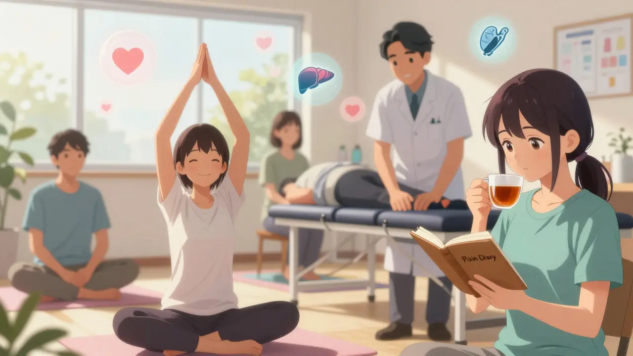 Diverse patients in a peaceful clinic engaging in therapy, journaling, and stretching, surrounded by natural light and healing symbols.