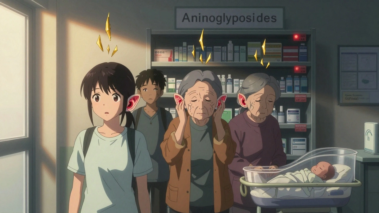 Diverse patients with translucent inner ears showing damage, standing before a shadowy pharmacy shelf labeled &#039;Aminoglycosides&#039;.