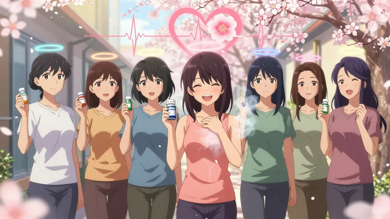 Diverse women holding different cholesterol medications, glowing halos symbolizing relief and hope.