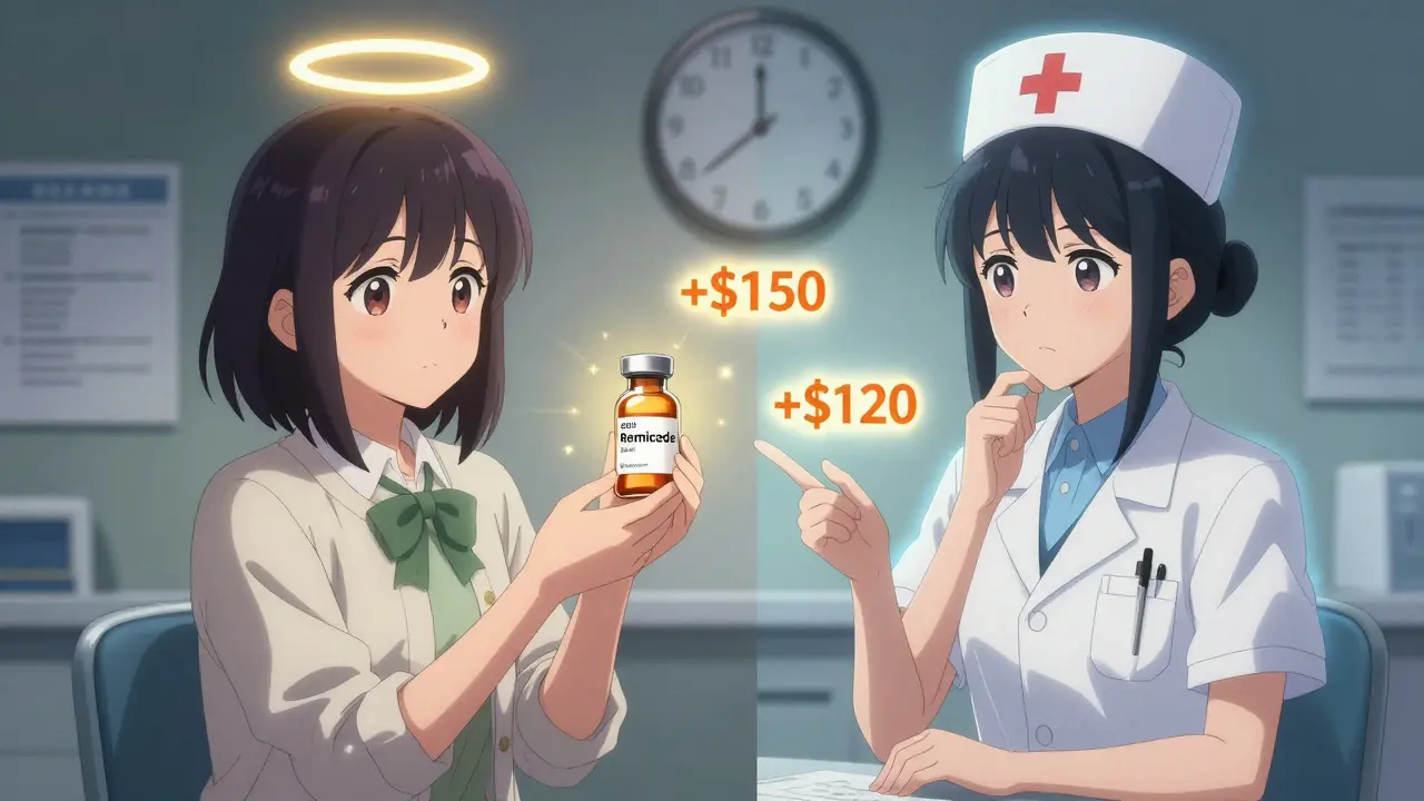 Doctor and nurse comparing expensive reference drug and cheaper biosimilar with payment tags floating nearby.