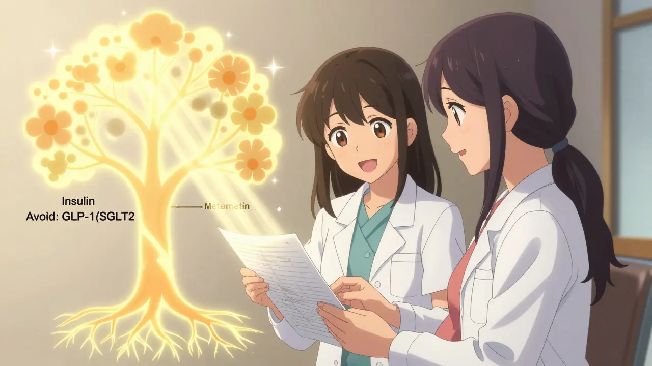 Doctor and patient reviewing prenatal chart with glowing tree of safe diabetes medications, golden light radiating.