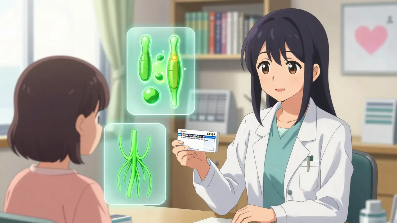 Doctor handing a new statin prescription to a hopeful patient, with glowing muscle and nerve overlays.